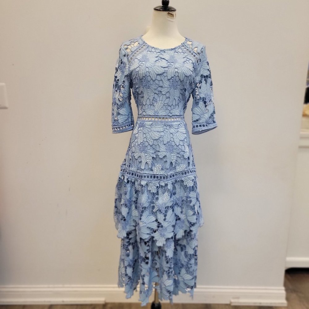 BLUE EMBROIDERY MIDI DRESS WITH RUFFLES